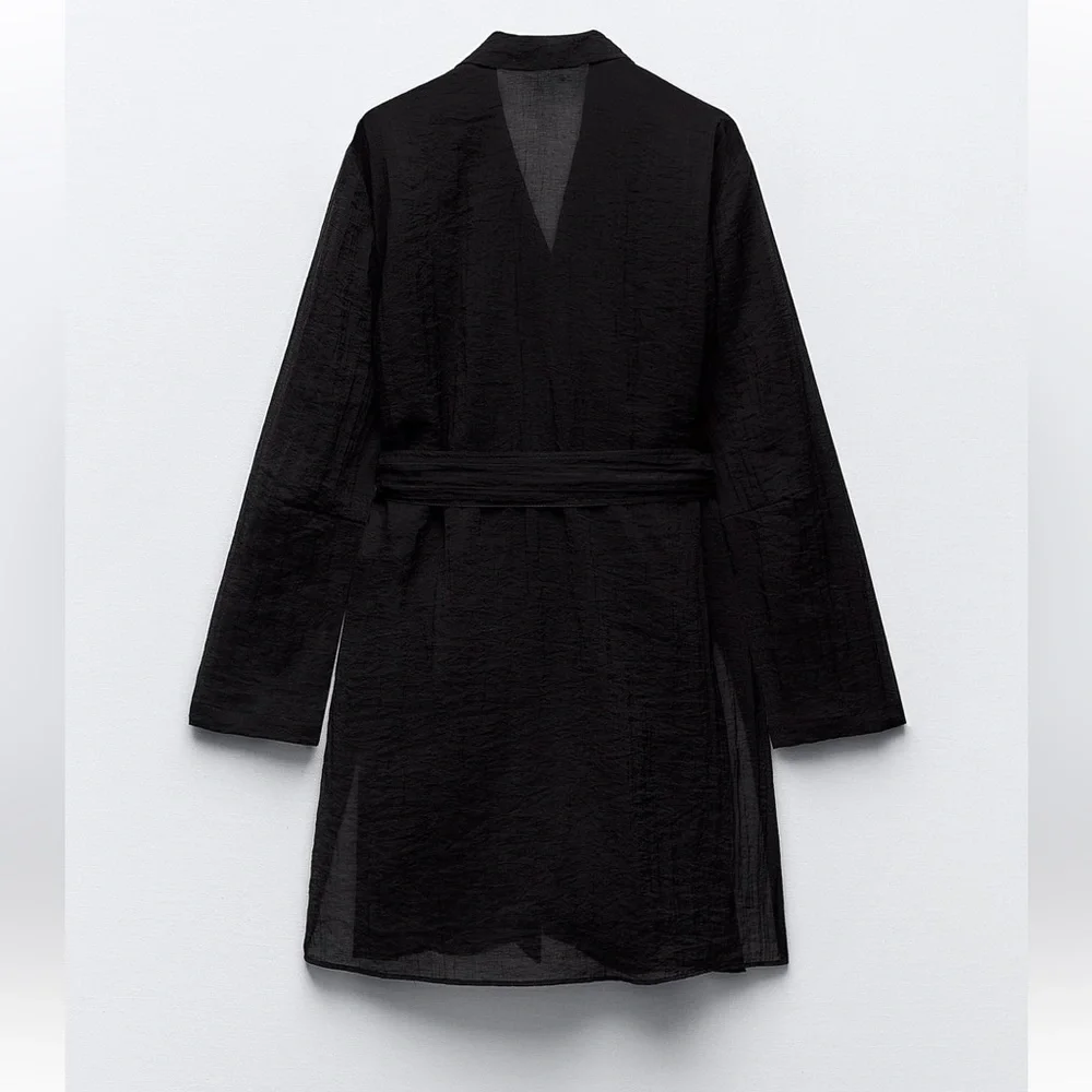 Zara Black Semi-sheer Minimalist Belted Blouse Relaxed long sleeves belt XS NWT - Picture 5 of 16